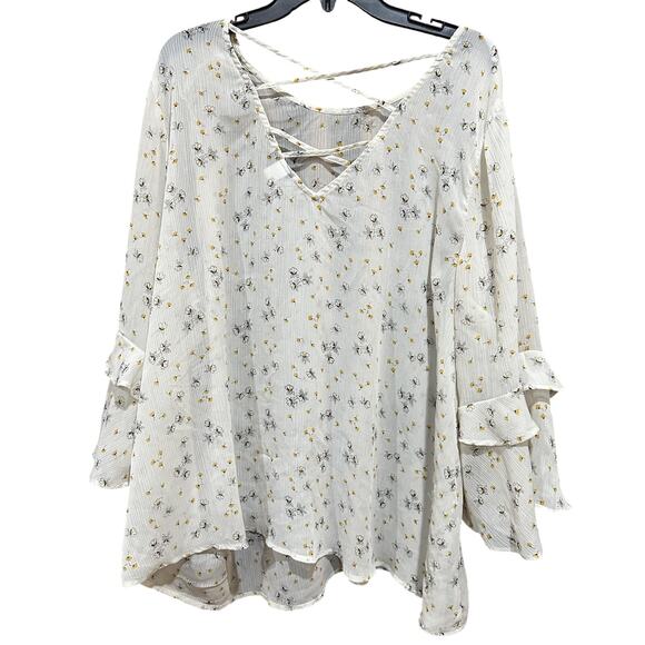 Torrid Blouse Plus 4X White Yellow Floral Ruffle Sleeve Sheer Tunic Top Cottage - Picture 4 of 10